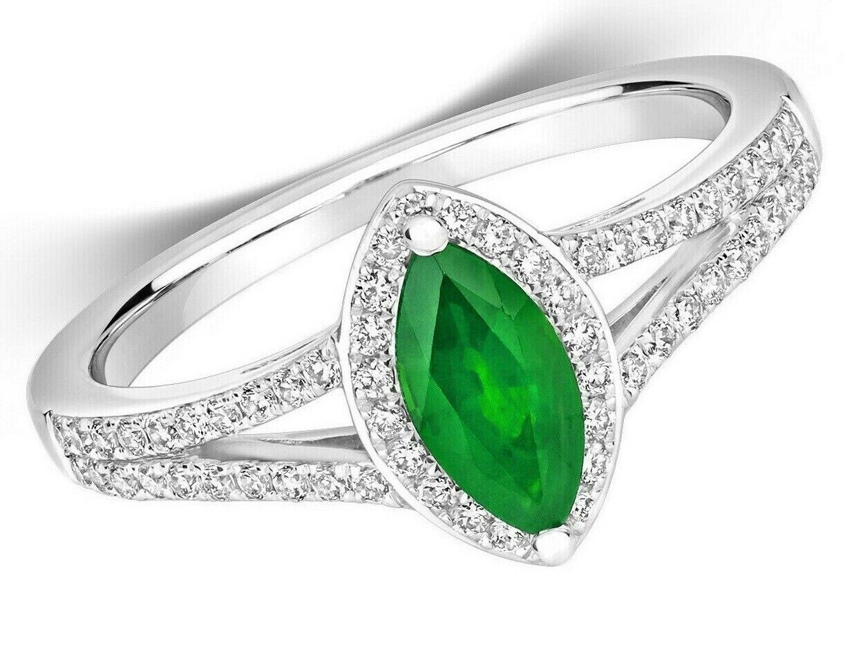 Real Emerald Marquise and Diamond Ring 18ct White Gold Cluster Engagement Halo