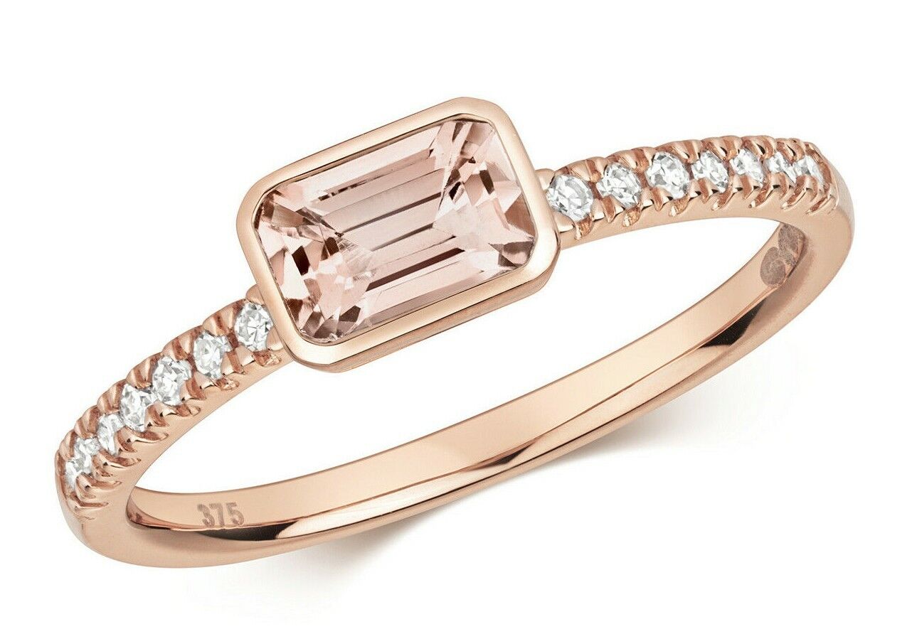 Real Morganite and Diamond Ring Solid Rose Gold Emerald Cut Solitaire Size J - Q