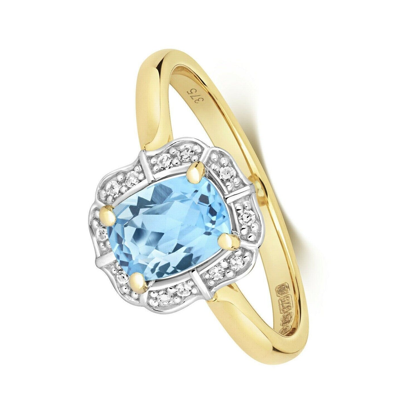 9ct Yellow Gold Blue Topaz and Diamond Ring Cushion Engagement Size JKLMNOPQ