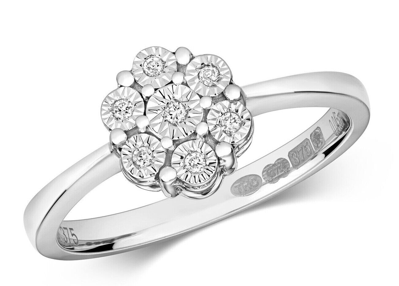 9ct White Gold Diamond Ring Cluster Engagement Anniversary Size J K L M N O P Q