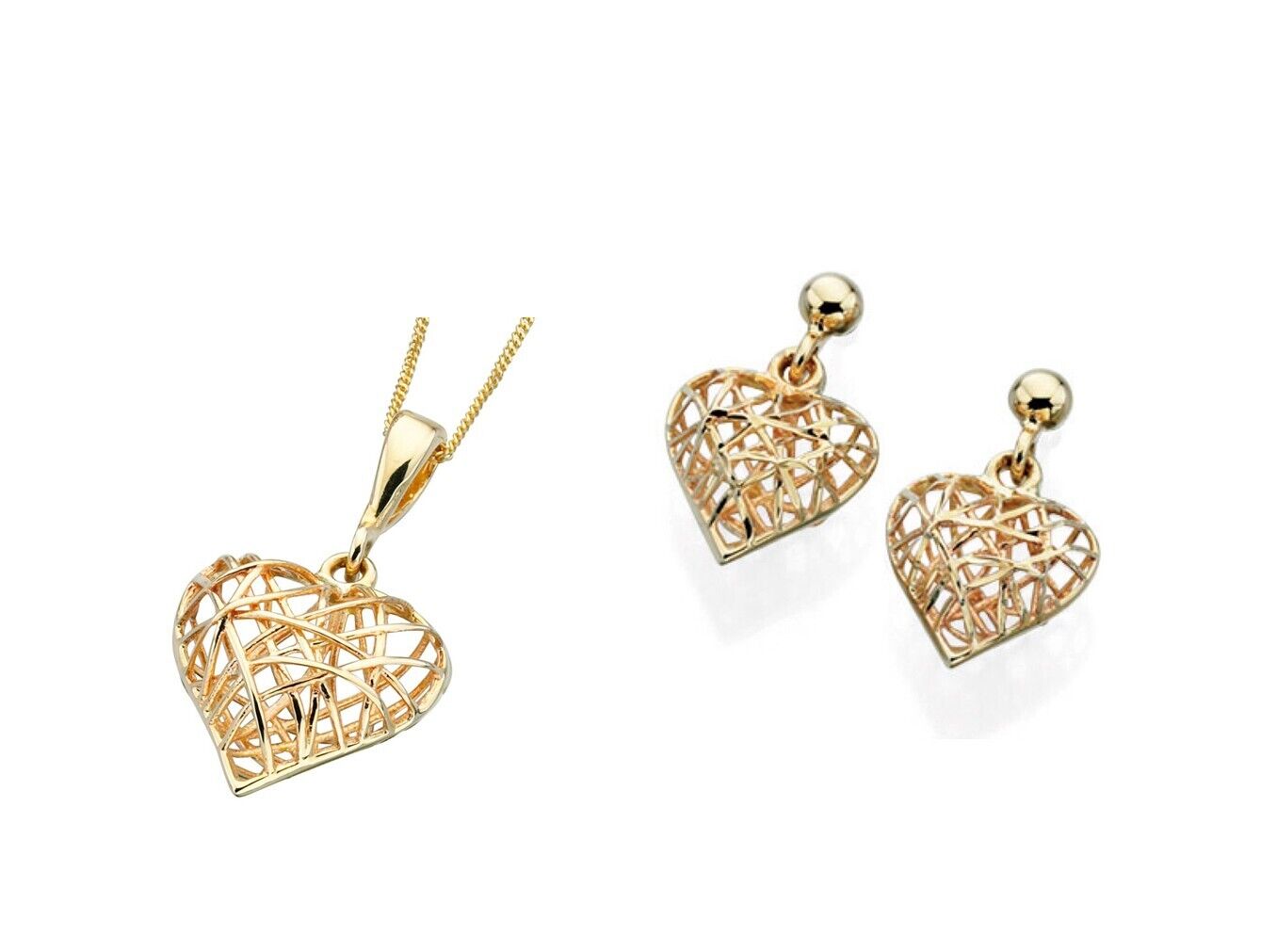 Heart Pendant and Earrings Set 9ct Yellow Gold 16, 18 or 20" Chain Hallmarked