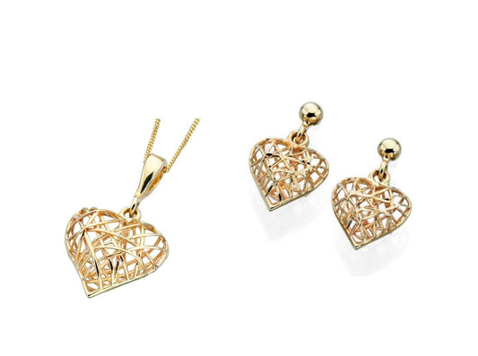 Heart Pendant and Earrings Set 9ct Yellow Gold 16, 18 or 20" Chain Hallmarked