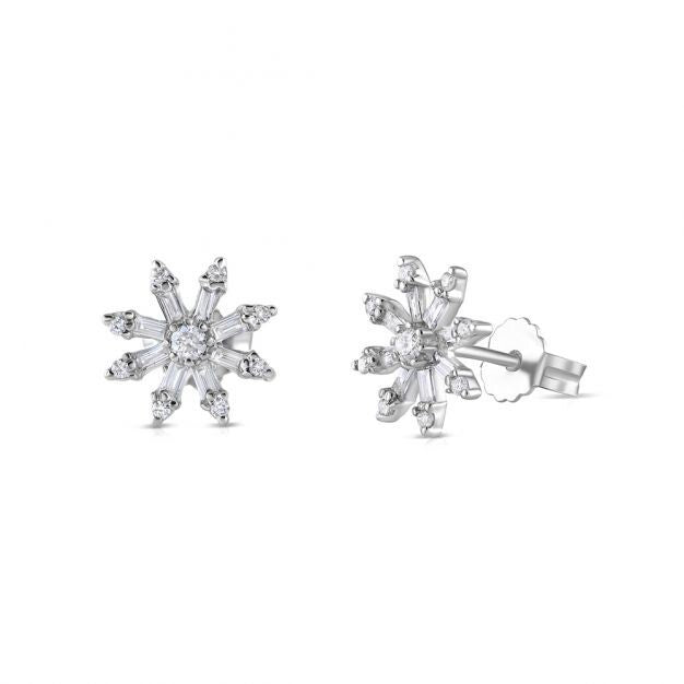 9ct White Gold Snowflake 0.35ct Diamond Studs Earrings Hallmarked - 10mm