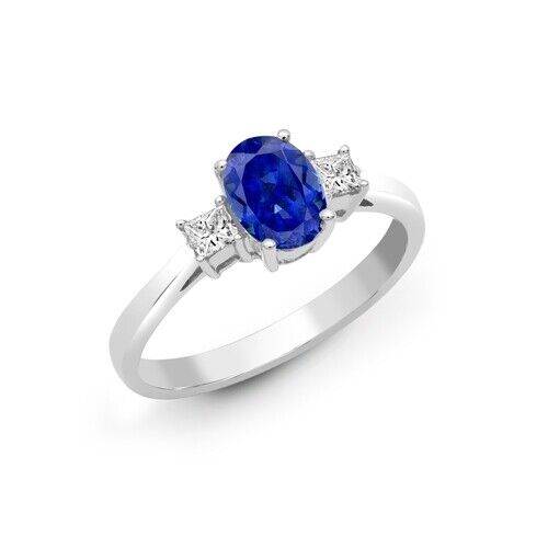 Real Sapphire and Diamond Ring 18ct White Gold Three Stone Trilogy Engagement