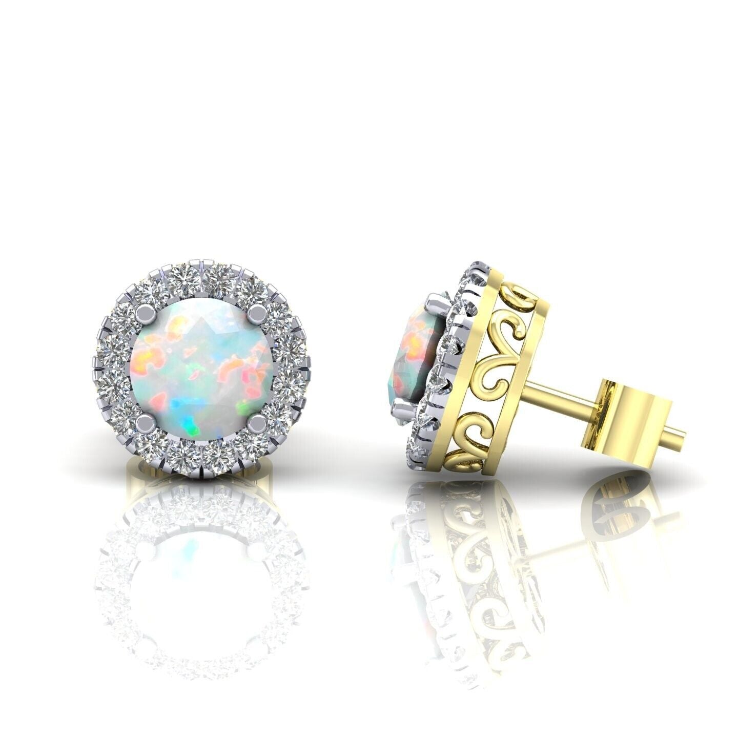 9ct Yellow Gold Opal Cluster Stud Earrings 8mm Round Studs Hallmarked