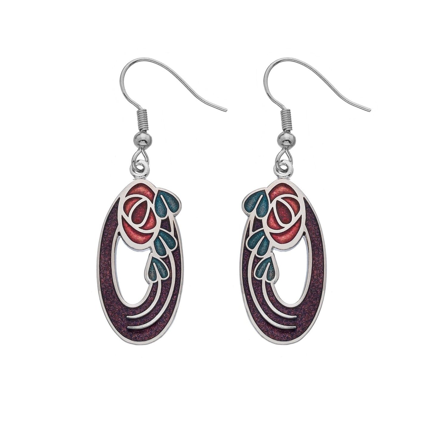 Mackintosh Rose and Leaf Drop Earrings Oval Silver Plated Branded Packaging