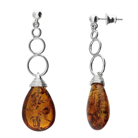 Cognac Amber Teardrop Earrings Graduated Circle Drop Solid Sterling Silver 925