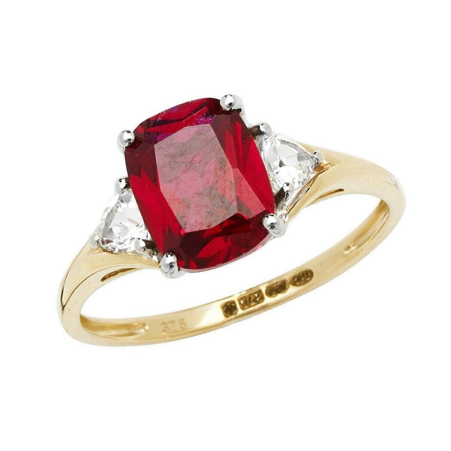 Yellow Gold Ruby Ring Solitaire Cushion White Sapphire Trillion Hallmarked