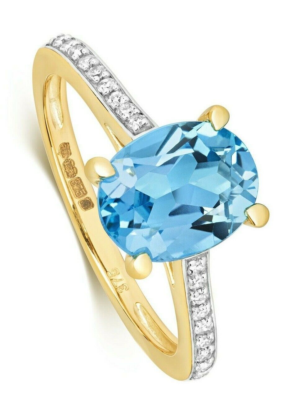 Real Blue Topaz and Diamond Ring Solid Yellow Gold Oval Size JKLMNOPQ