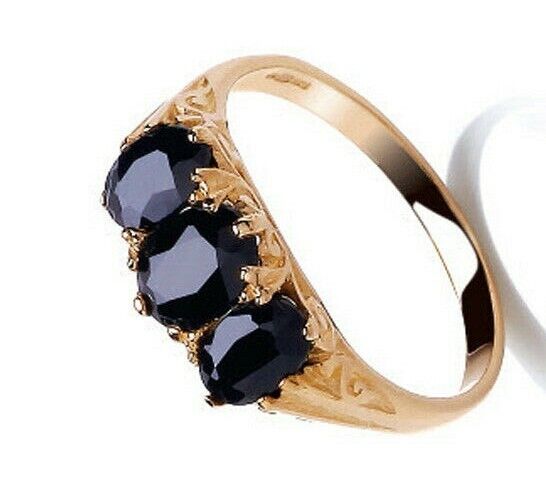 Real Sapphire Three Stone Ring Solid 9ct Yellow Gold Oval Trilogy Full Hallmark