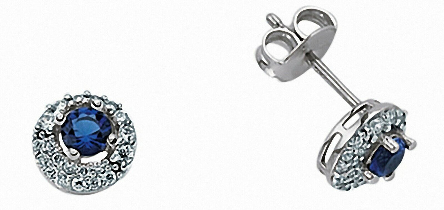 Sapphire Halo Stud Earrings Solid Sterling Silver Rhodium Plate 925 Hallmark 7mm