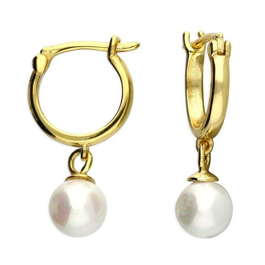 Yellow Gold Pearl Huggie Hoop Earrings on Solid Sterling Silver 925