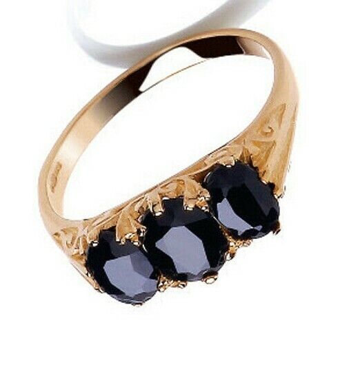 Real Sapphire Three Stone Ring Solid 9ct Yellow Gold Oval Trilogy Full Hallmark