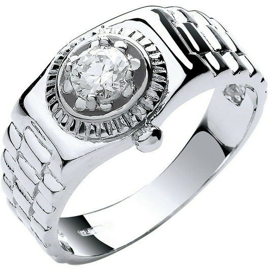 9ct White Gold Watch Style Ring Solitaire Gents Hallmarked