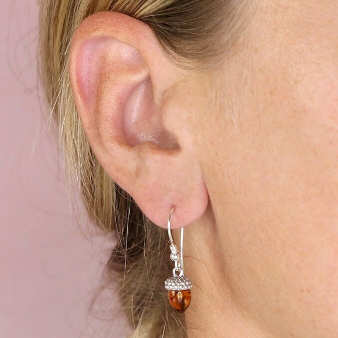 Cognac Baltic Amber Acorn Drop Earrings Solid 925 Sterling Silver