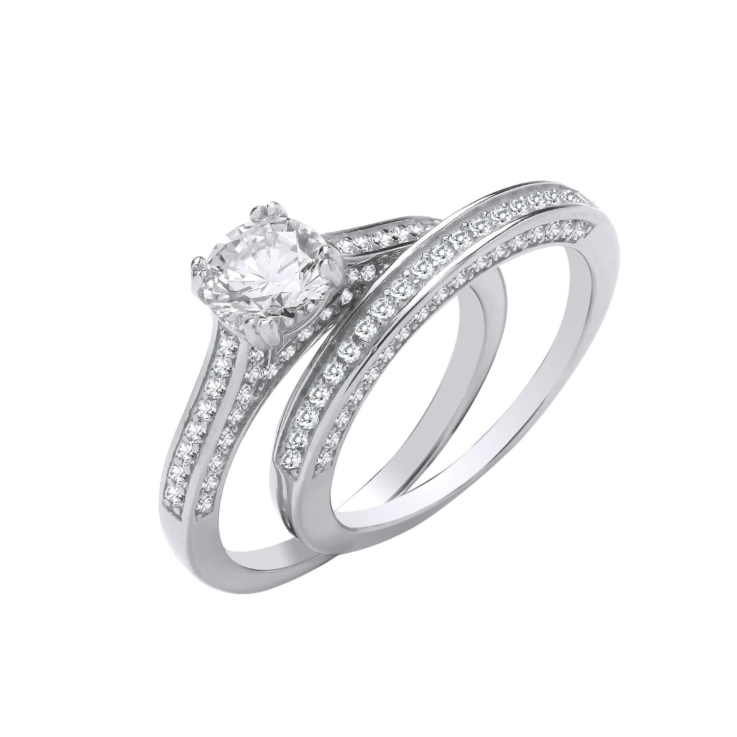 Sterling Silver Bridal Set Solitaire Shoulder Zircons Half ET Rings 925 Hallmark
