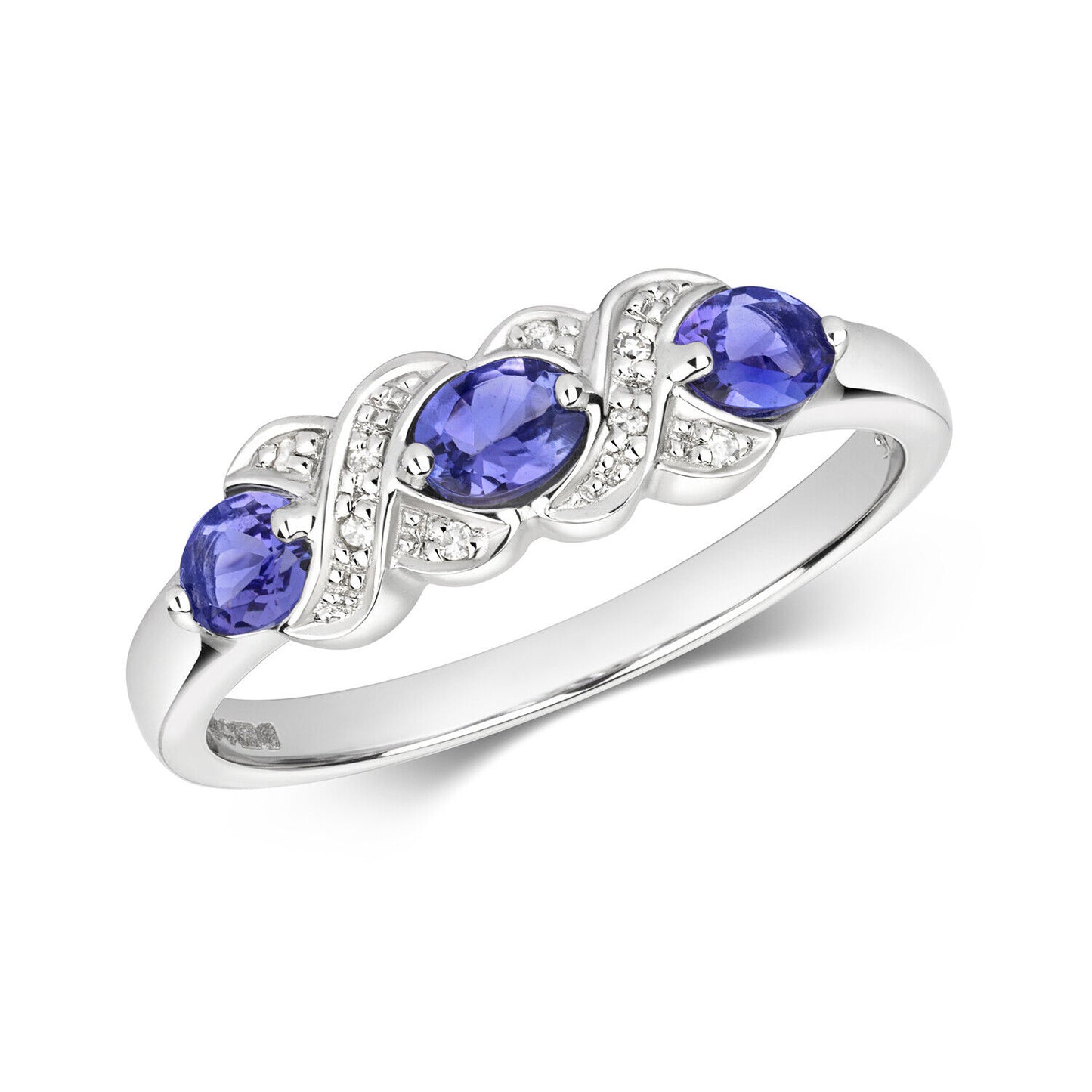9ct White Gold Tanzanite and Diamond Ring Oval Three Stone Kiss Size J - Q