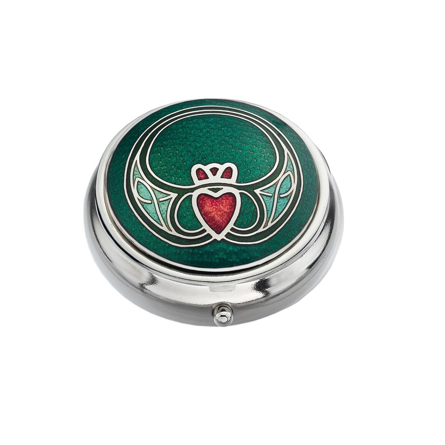 Pillbox Silver Plated Modern Claddagh Celtic Design Green Brand New and Boxed