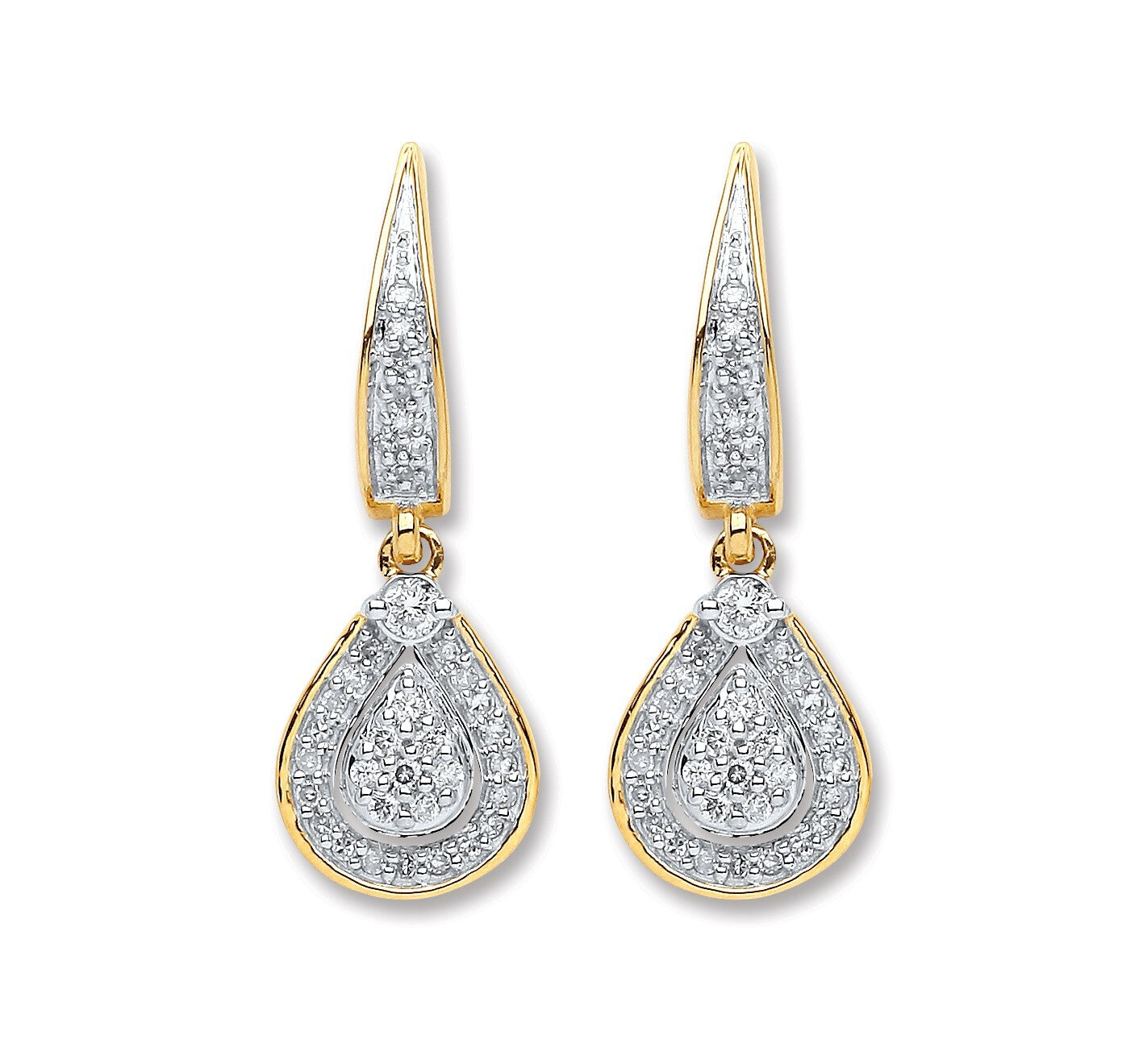 9ct Yellow Gold Pear Drop 0.25ct Diamond Earrings 24mm Length Hallmarked