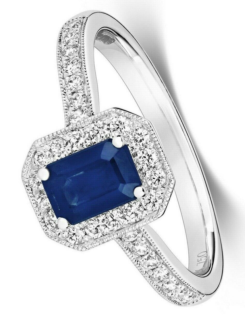 Real Sapphire and Diamond Ring 18ct White Octagon Cluster