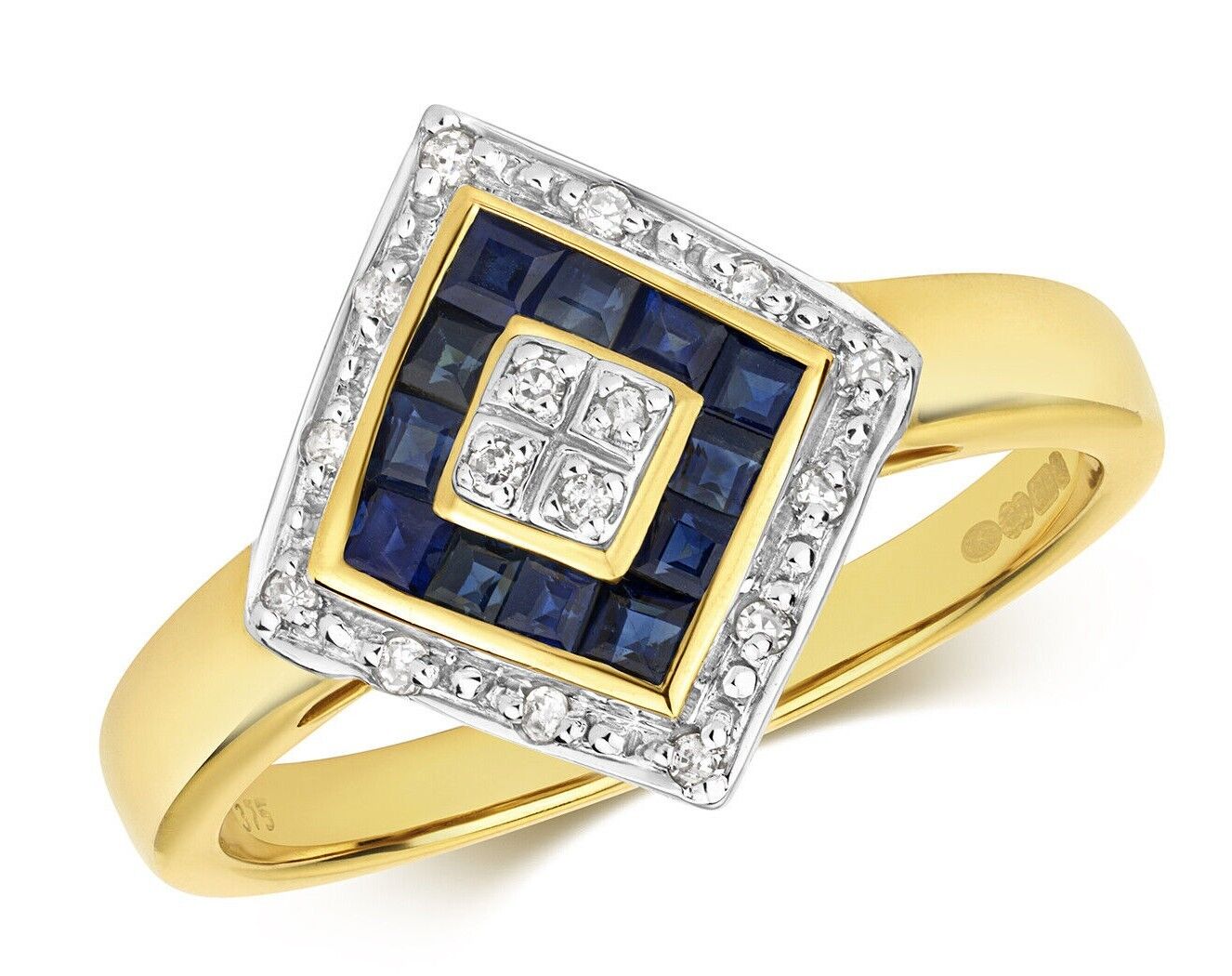 Real Sapphire and Diamond Ring Solid Yellow Gold Square Cluster Size JKLMNOPQ