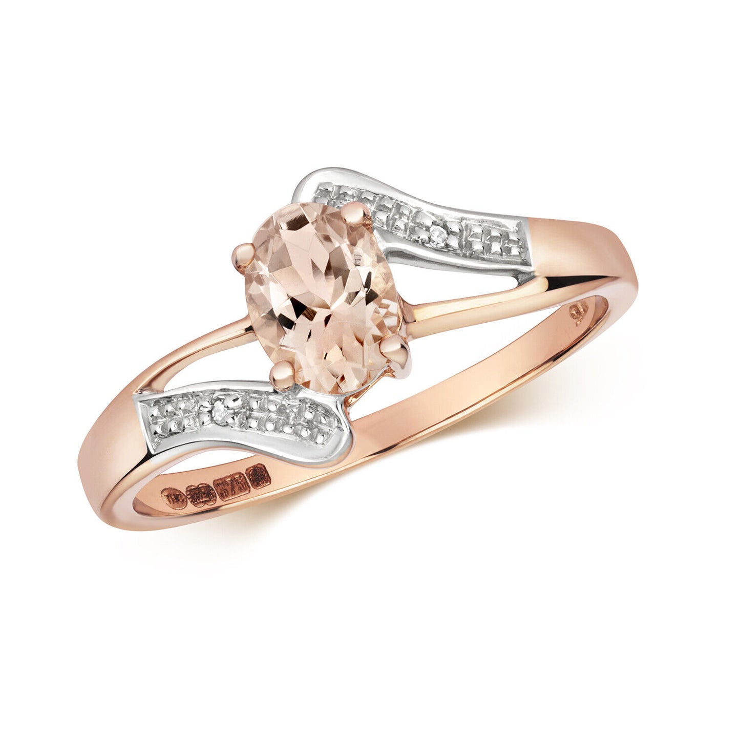 Real Morganite and Diamond Ring Solid Rose Gold Twist Split Shoulder Size J-Q