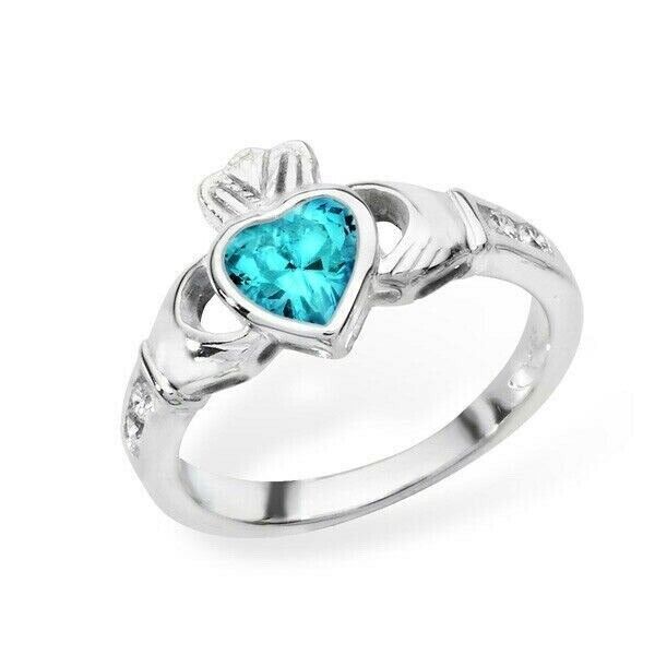 Irish Claddagh Ring Sterling Silver Topaz Celtic Friendship Love 925 hallmark