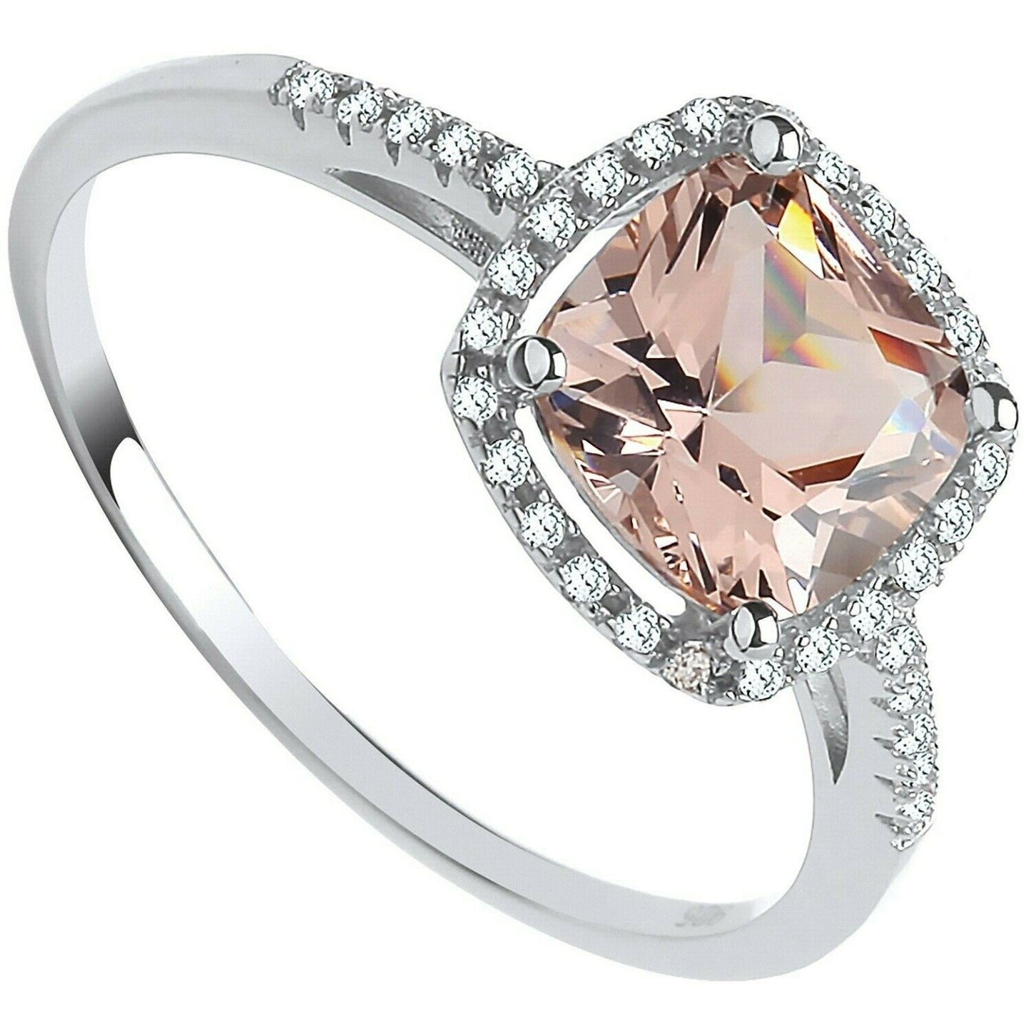 Morganite Cushion Halo Ring Sterling Silver 925 Hallmark Rhodium Finish British
