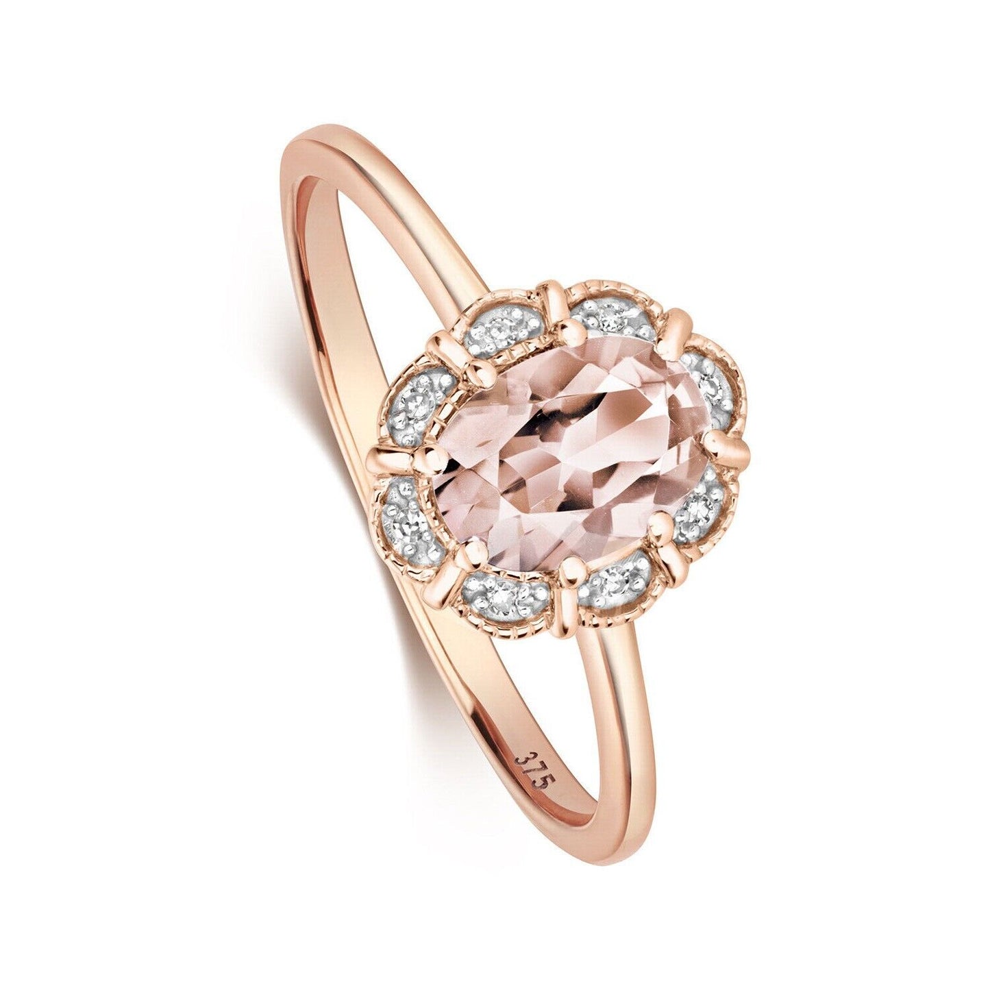 Real Morganite and Diamond Ring Solid Rose Gold Oval Cluster Engagement Size J-Q
