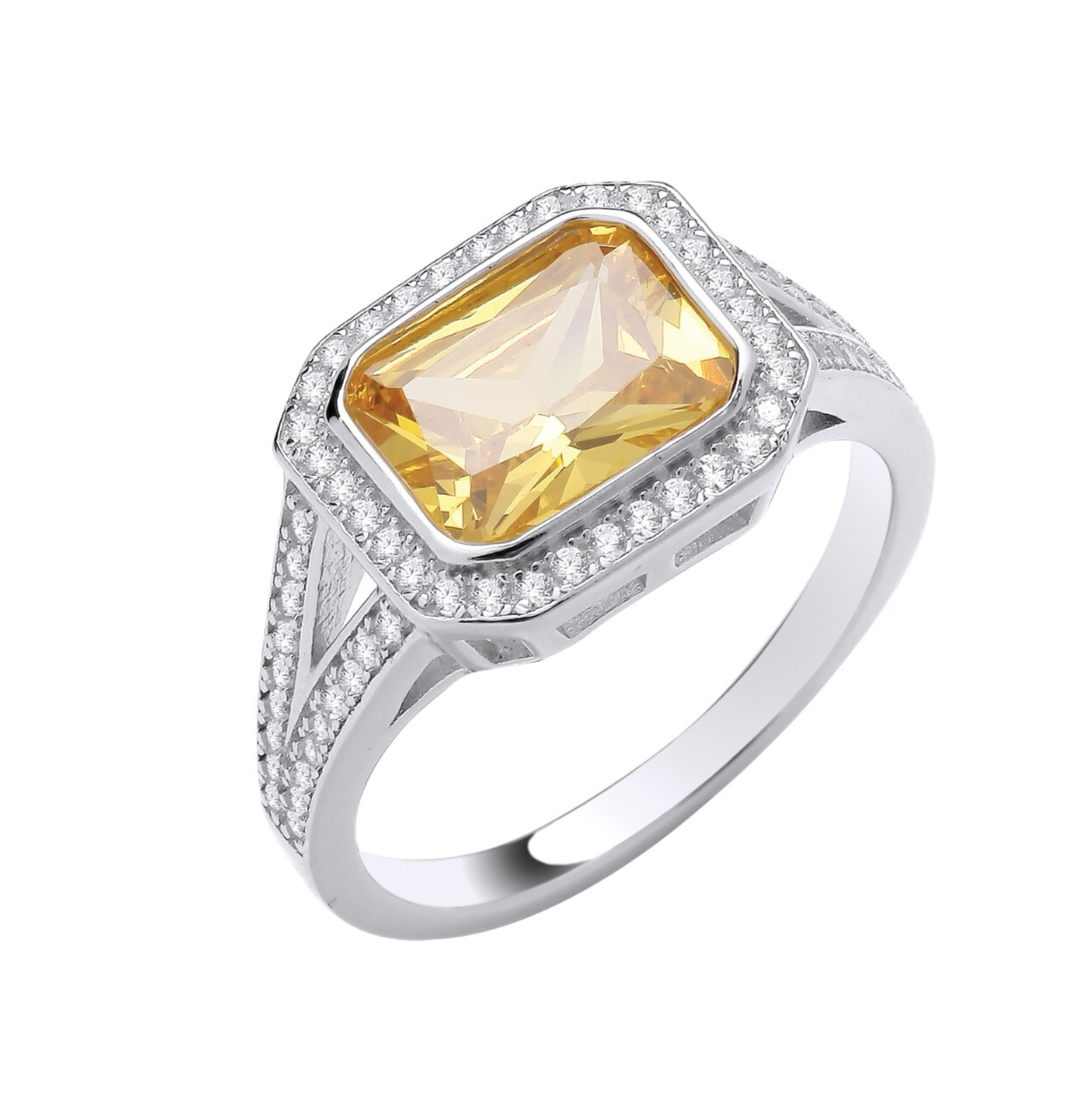 Sterling Silver Yellow Zircon Split Shank Ring Size J-Q British Made 925 Stamp