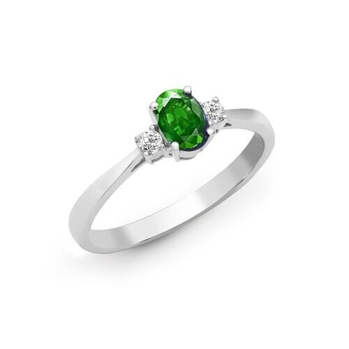 Real Emerald and Diamond Ring 18ct White Gold Three Stone Trilogy