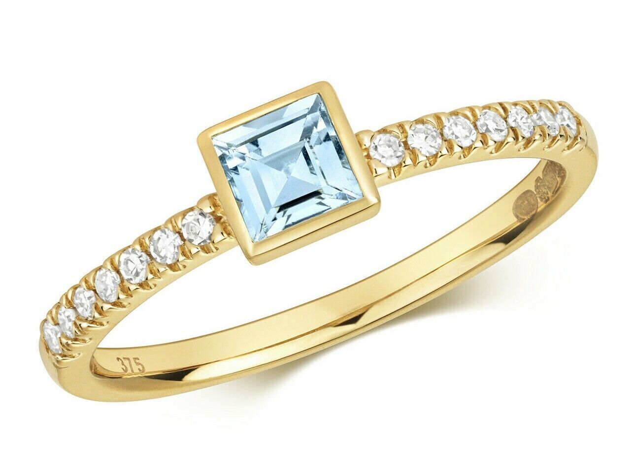 Real Aquamarine and Diamond Ring Solid Yellow Gold Square Solitaire Size J - Q