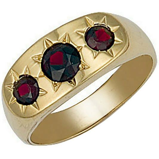 Gents Three Stone Garnet Ring 9ct Yellow Gold Gypsy Style Setting Hallmarked