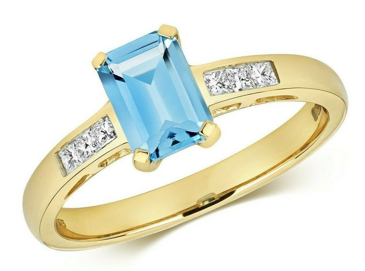 Real Swiss Blue Topaz and Diamond Ring 9ct Yellow Gold Emerald Cut Solitaire