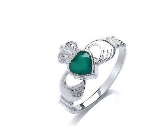 Claddagh Ring Green Agate Solid Sterling Silver Engagement Ladies