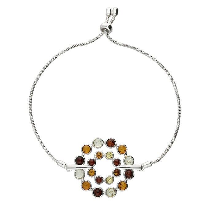 Mixed Amber Slider Bracelet Double Open Circle Design Solid Sterling Silver 925