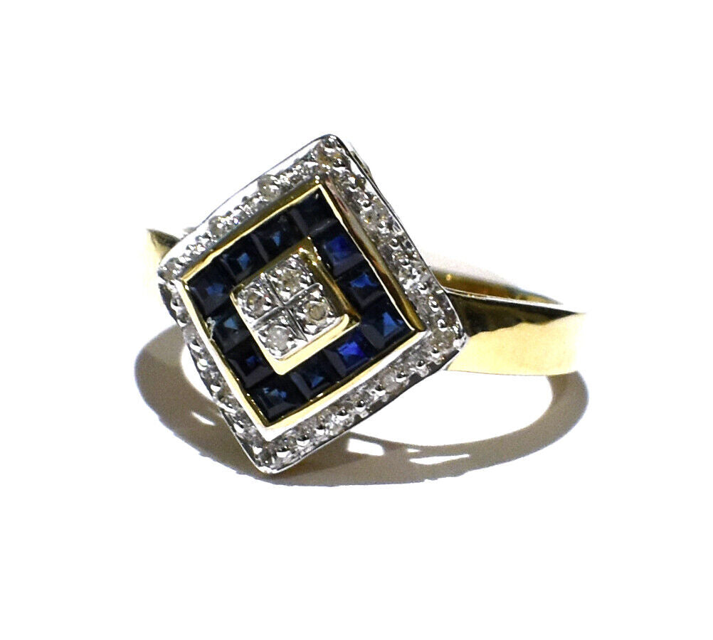 Real Sapphire and Diamond Ring Solid Yellow Gold Square Cluster Size JKLMNOPQ