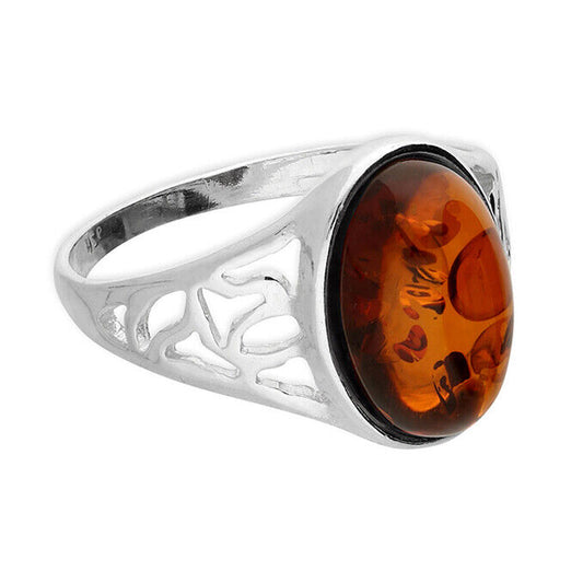 Cognac Amber Oval Statement Ring With Decorative Shoulders Solid Sterling Silver