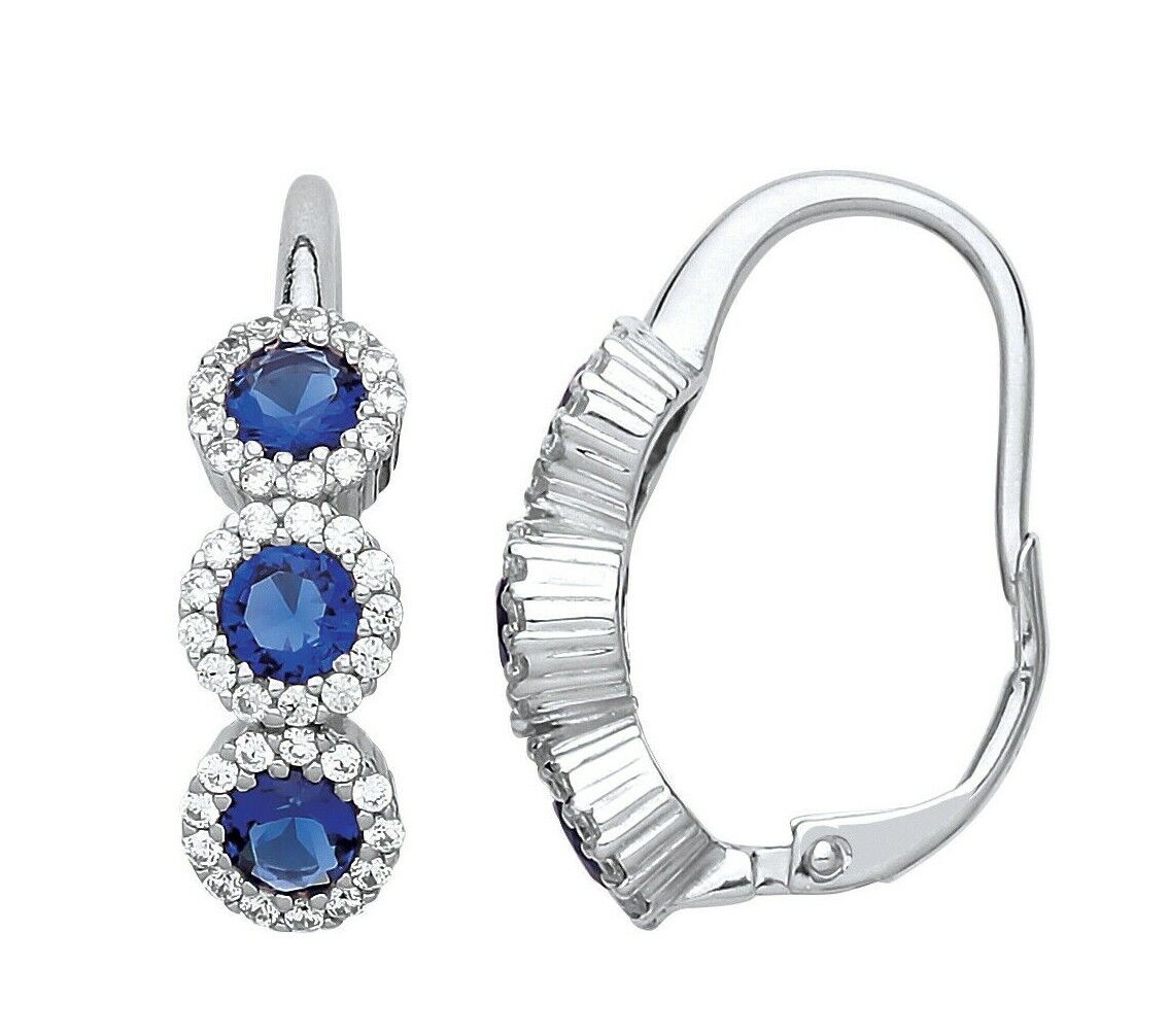 Sapphire Hoop Drop Earrings Solid Sterling Silver Rhodium Plated 925 Hallmark