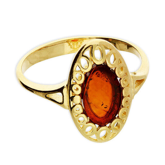 24k Yellow Gold Amber Ring on Solid Sterling Silver 925 Oval Statement