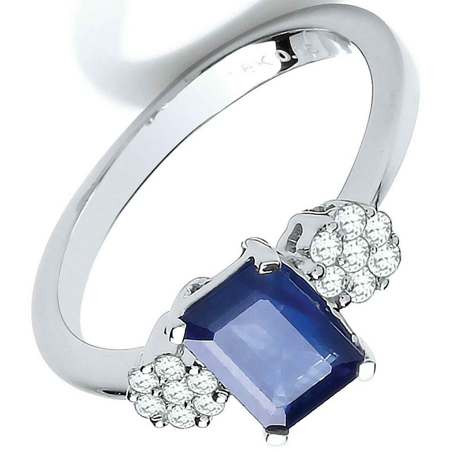Real Emerald Cut Sapphire and Diamond Ring 18ct White Gold