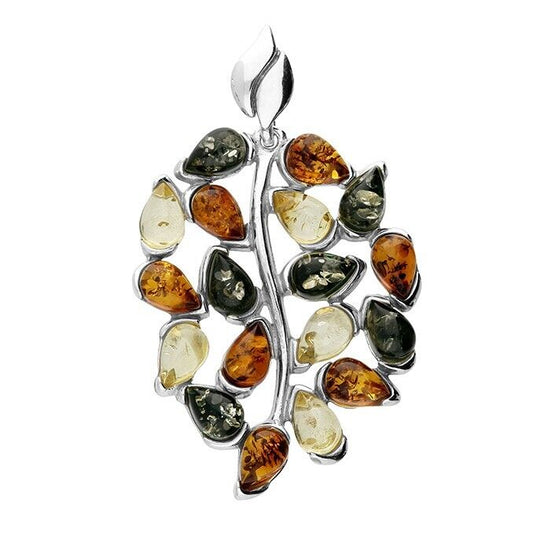Mixed Amber Leaf Pendant and Chain Solid Sterling Silver 925
