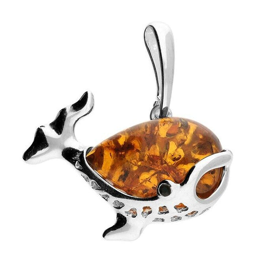 Cognac Amber Cute Whale Pendant and Chain Solid Sterling Silver 925