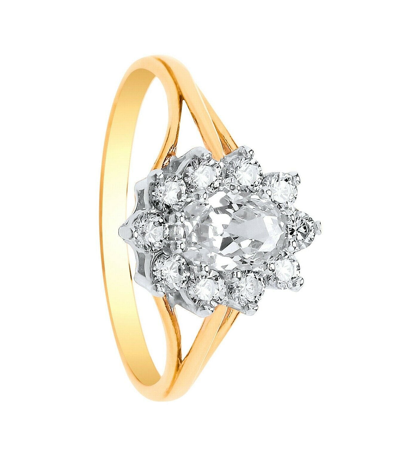 White Topaz Cluster Engagement Ring Solid Yellow Gold Hallmarked British Made