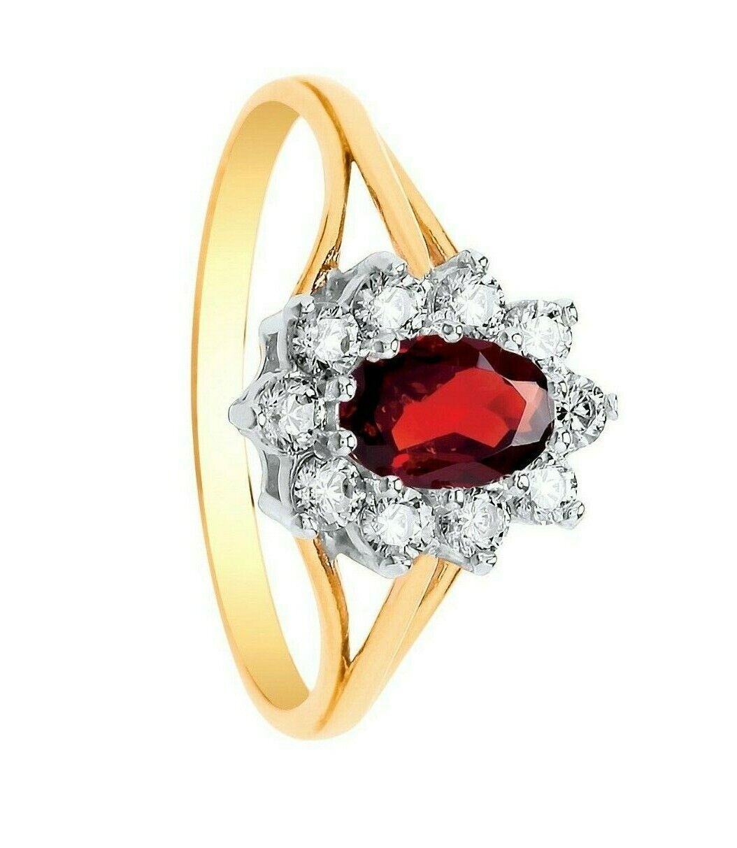 9ct Yellow Gold Garnet Ring Cluster Engagement Dress Fully Hallmarked