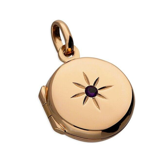 February Birthstone Silver Locket 18ct Rose Gold Plated with Amethyst 18" Chain