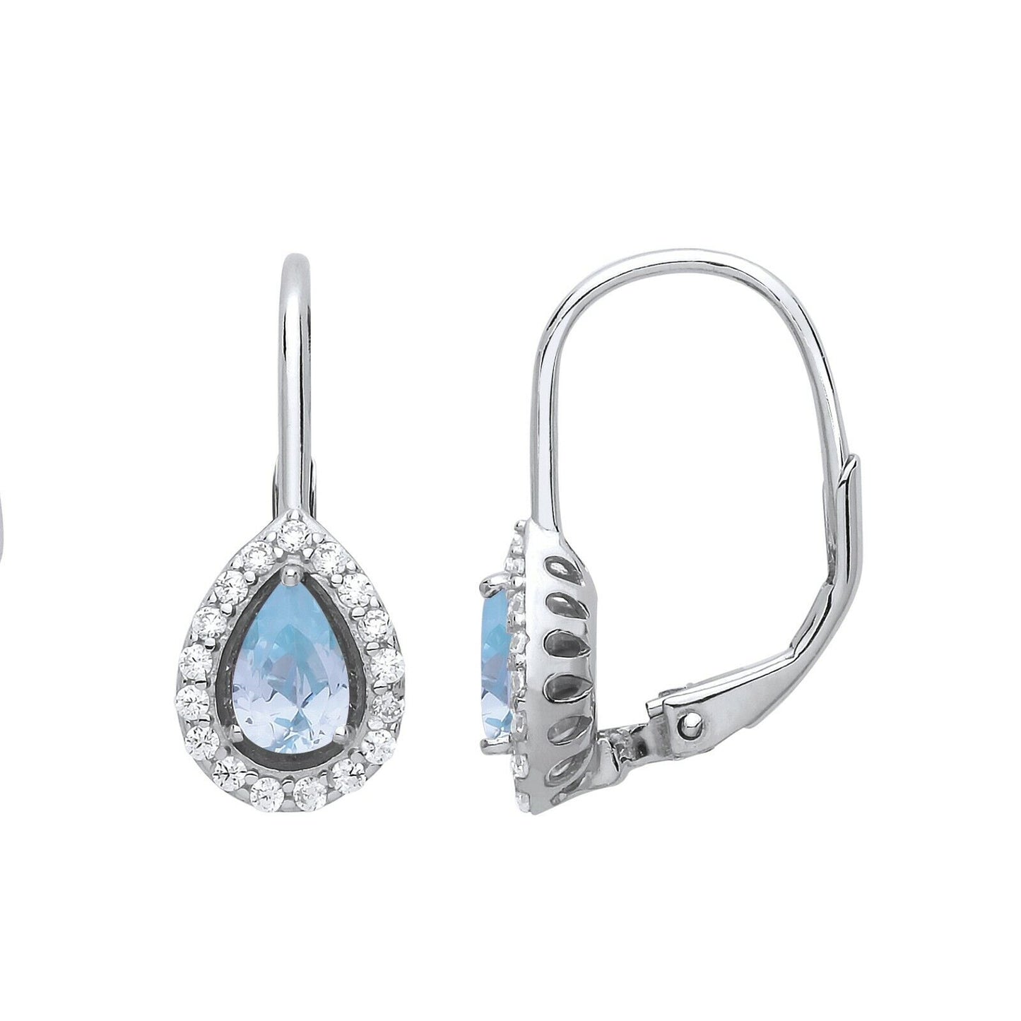 Aquamarine Pear Hoop Drop Earrings Sterling Silver Rhodium Plate 925 Hallmark