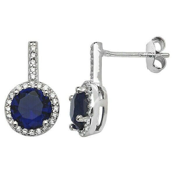Classic Sapphire Drop Earrings Sterling Silver Rhodium British Made 925 Hallmark