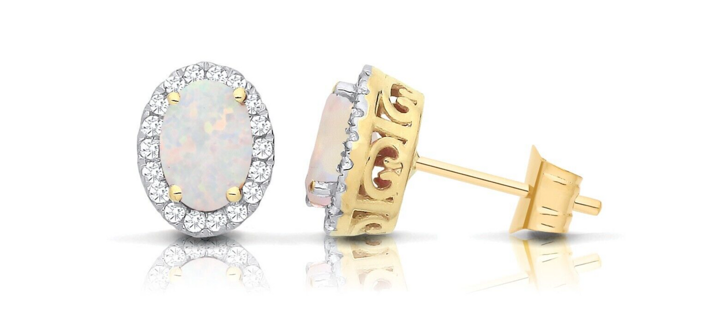 9ct Yellow Gold Opal Cluster Stud Earrings Oval Studs Hallmarked