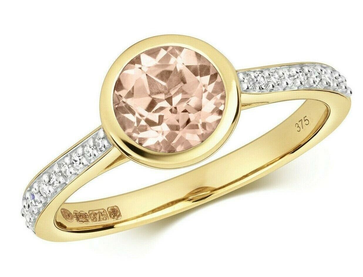 Real Morganite and Diamond Ring 9ct Yellow Gold Solitaire Size JKLMNOPQ